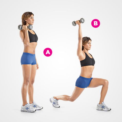 Bài tập tạ tay lunge with dumbbell press